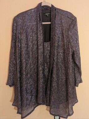 R&M Richards Metallic Charcoal Open-Front Women's Cardigan Top